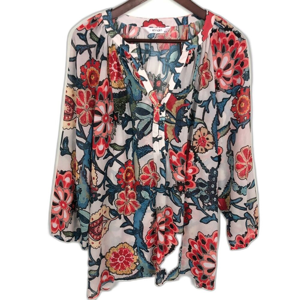 eShakti Red Floral Sheer Career Dressy Blouse Women's Size XL 18